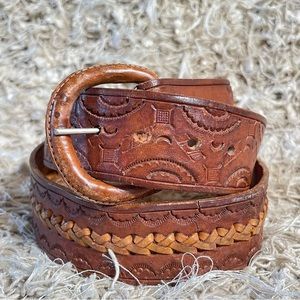Artisan handcrafted tooled rawhide leather belt western tan leather buckle